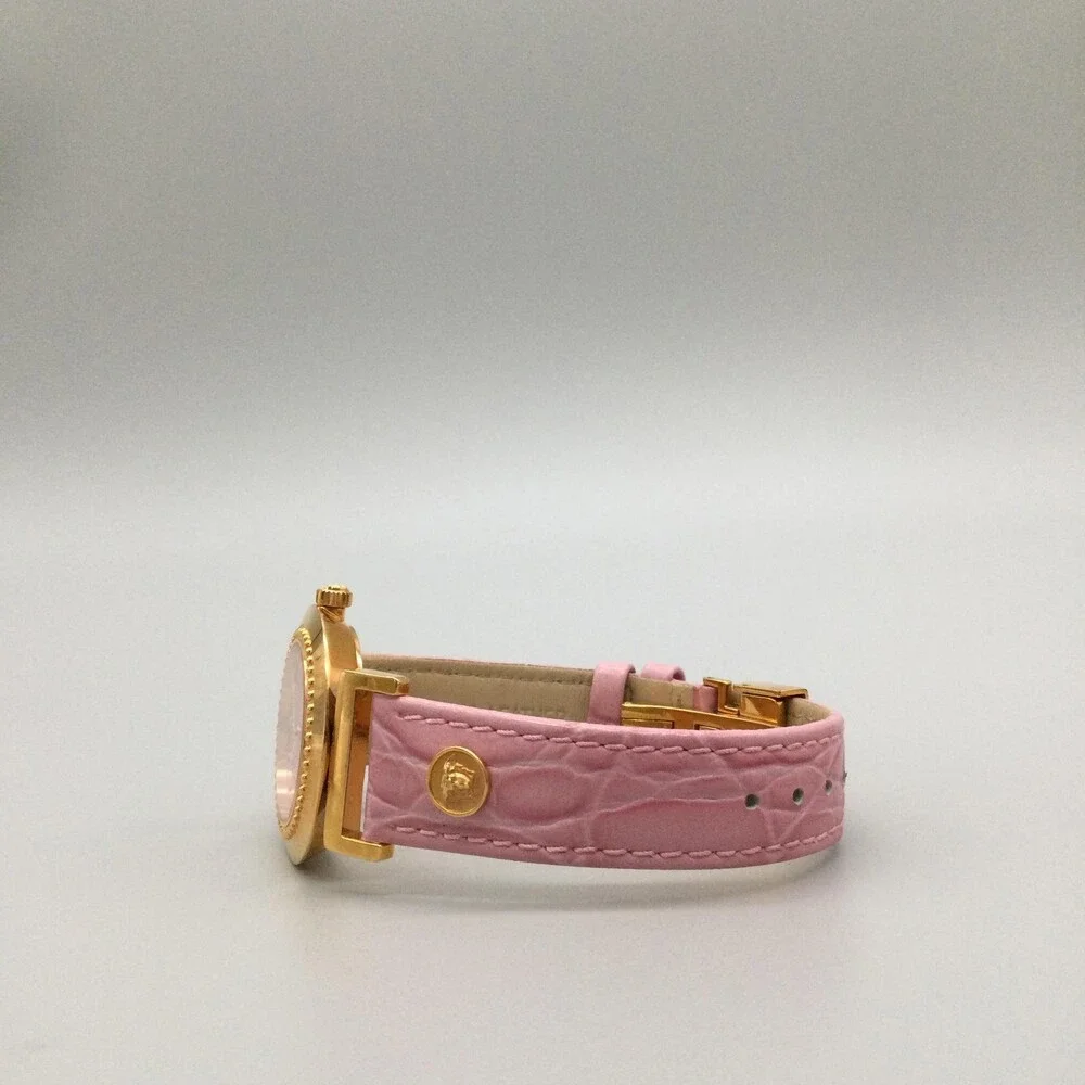 Versace Womens Watch 35mm Pink Dial Gold Tone Leather Swiss Medusa New Battery